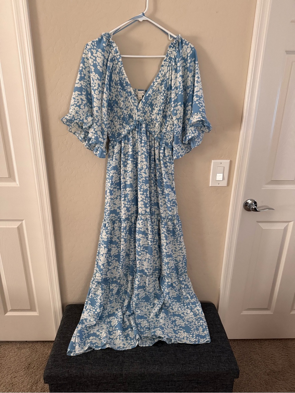 She + Sky Blue and White Floral Tiered Maxi Dress